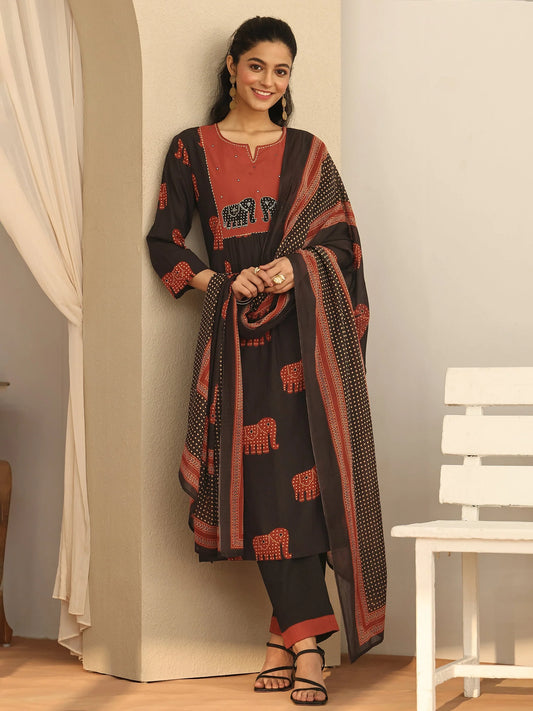 Black Tribal Printed Cotton A-Line Suit Set With Dupatta