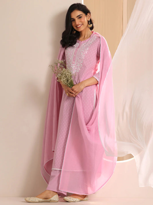 Pink Self Design Cotton Straight Suit Set With Dupatta