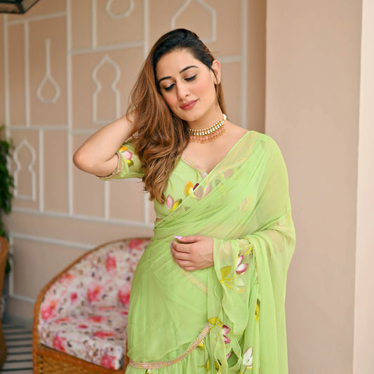 Green Draped Saree with Blouse