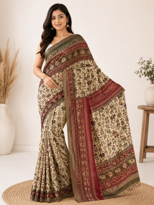 Cream & Maroon Kalamkari Print Cotton Saree