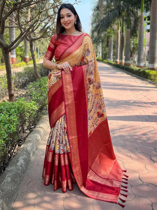 Mustard Double Border Chex Weaving Saree