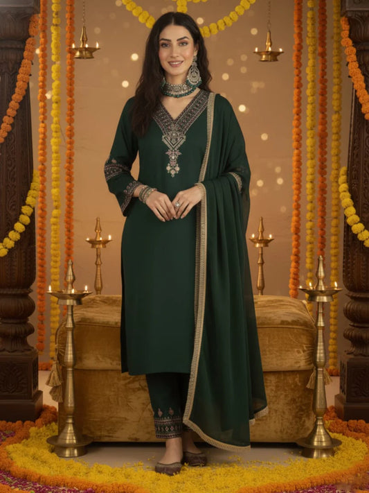 Women Green Embroidered Straight Kurta Paired With Tonal Embroidered Bottom And With Tonal Chiffon Dotted Dupatta