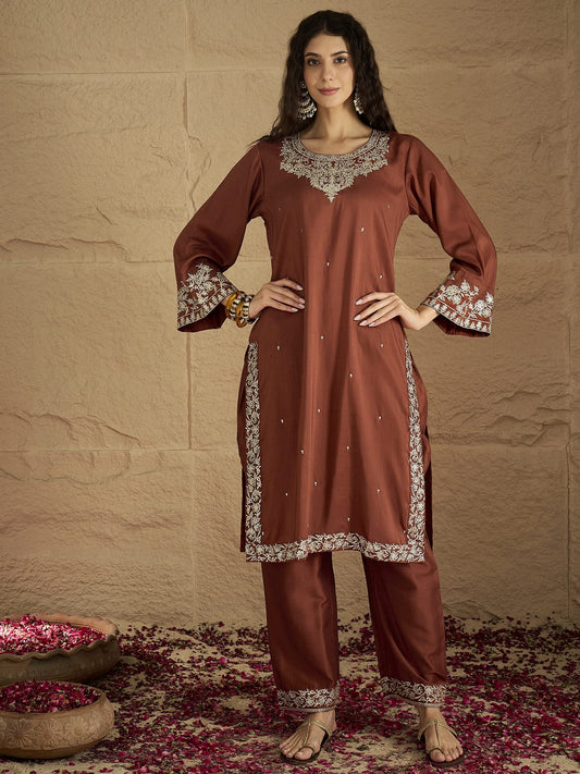 Women Rust Embroidered Straight Kurta With Bottom And Dupatta