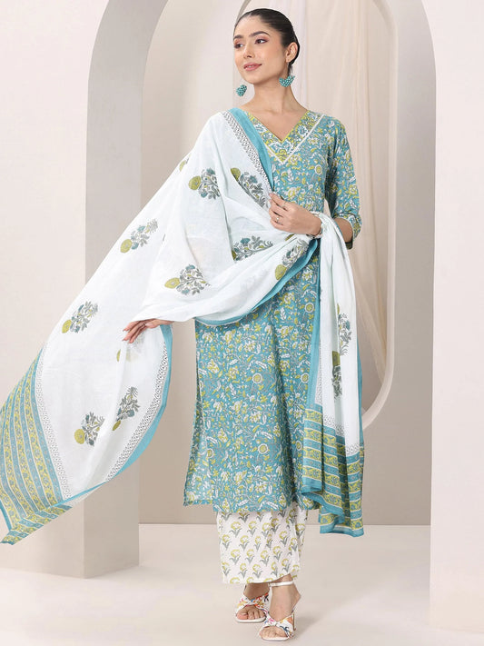 Teal Blue Printed Cotton Straight Suit Set With Dupatta