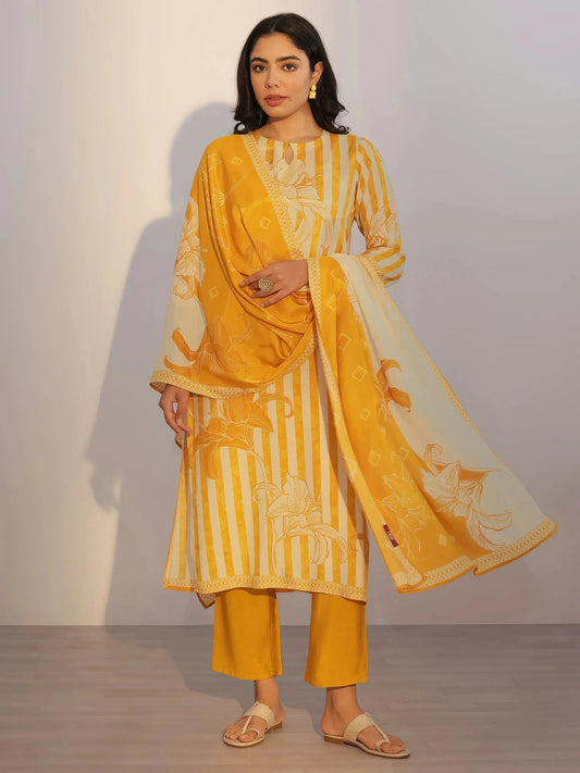 Mustard Printed Silk Blend Straight Suit With Dupatta
