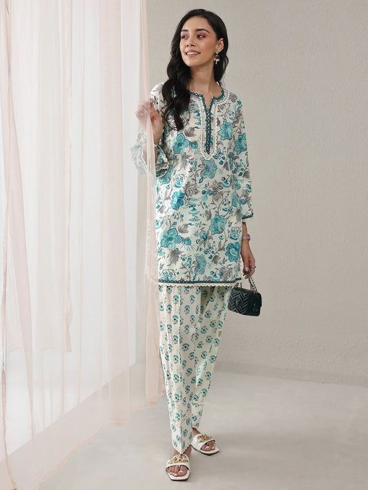 Blue Floral Printed Cotton Straight Kurta Set
