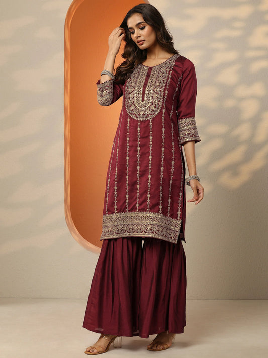 Maroon Embroidered Silk Blend Straight Suit Set With Dupatta