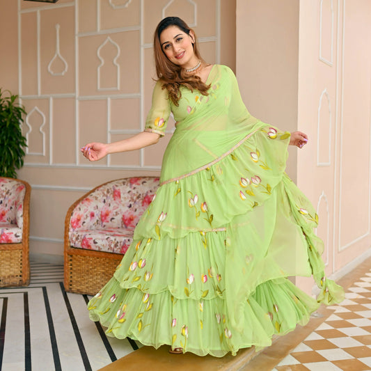 Green Draped Saree with Blouse