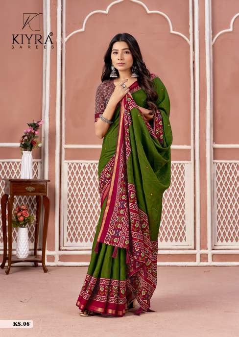 Olive Green Traditional Woven Border Saree