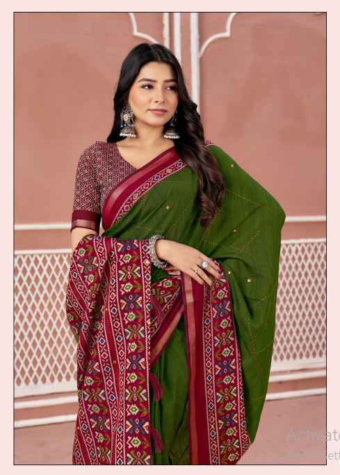 Olive Green Traditional Woven Border Saree