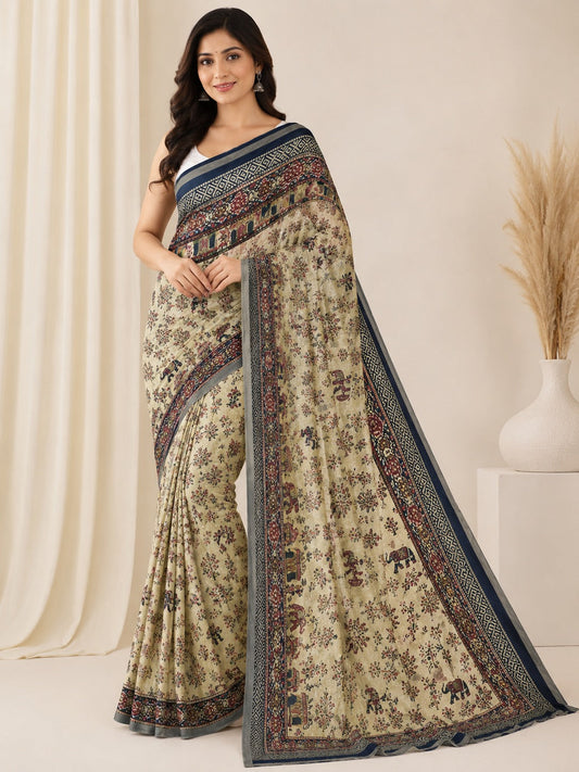 Beige Ethnic Printed Cotton Blend Saree